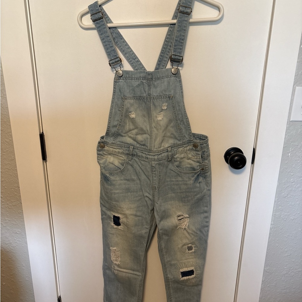 Distressed Light Wash Denim Overalls Slim Fit Casual Bib Jeans
